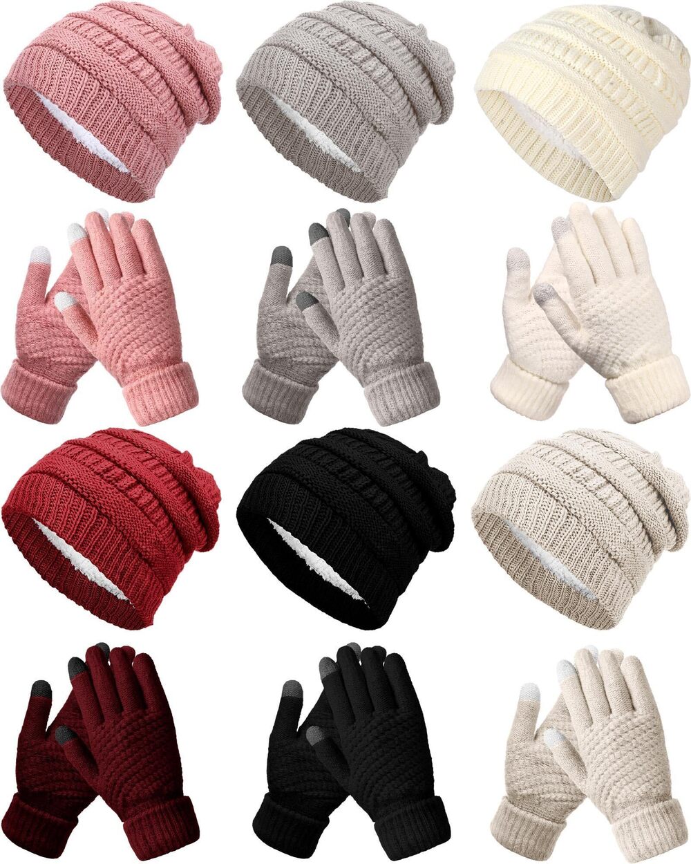 7836 12 Pcs Winter Warm Knitted Beanie Hats and Gloves Bulk Slouchy Beanie